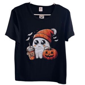 Pumpkin Boo Spice Black Short Sleeve Tee Shirt. Adorable Little Ghost & Pumpkins
